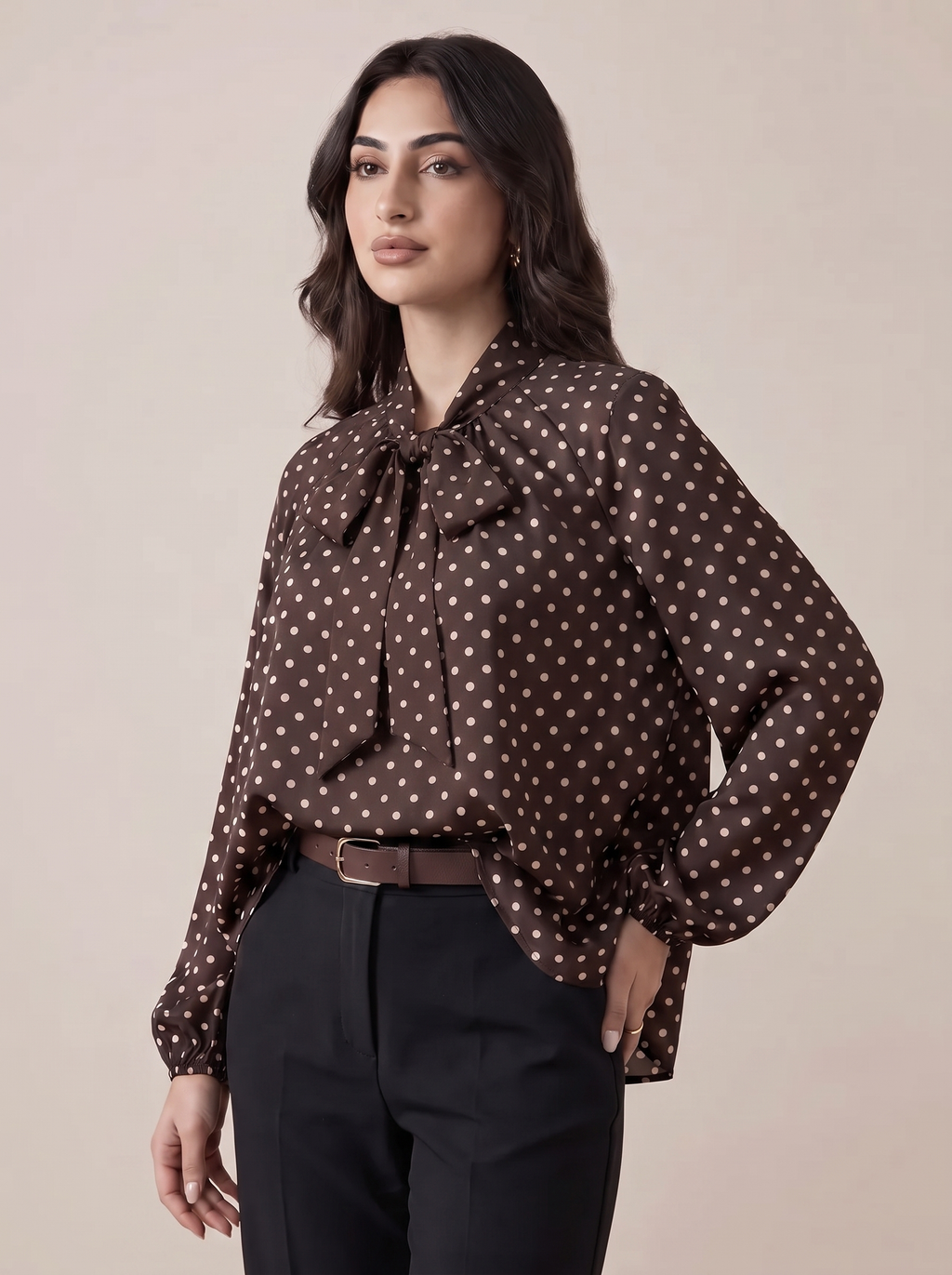 Chemisier Marron à Pois Blanc